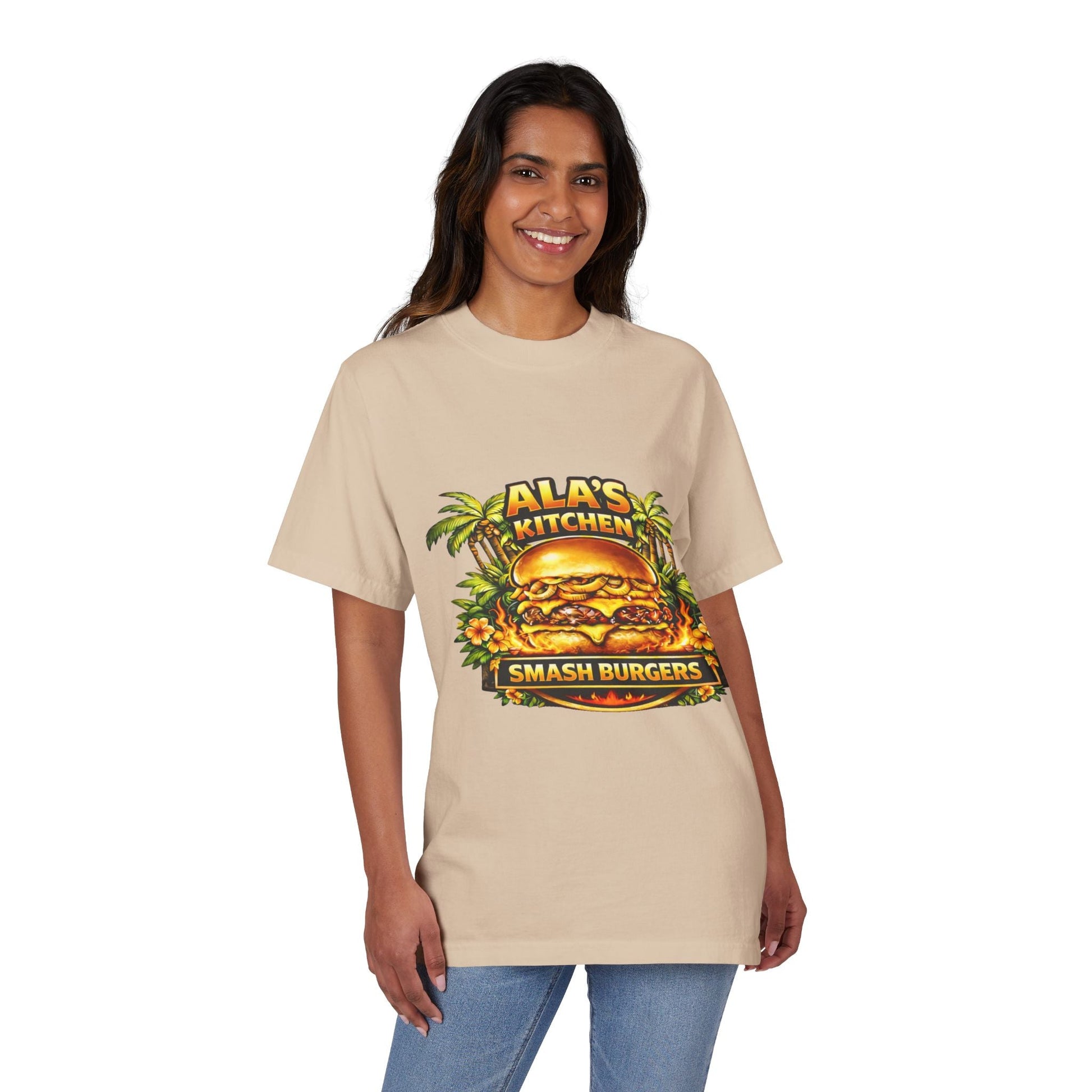 Ala's Kitchen Smash Burgers T-Shirt — Retro Tropical Burger Logo Tee Printify