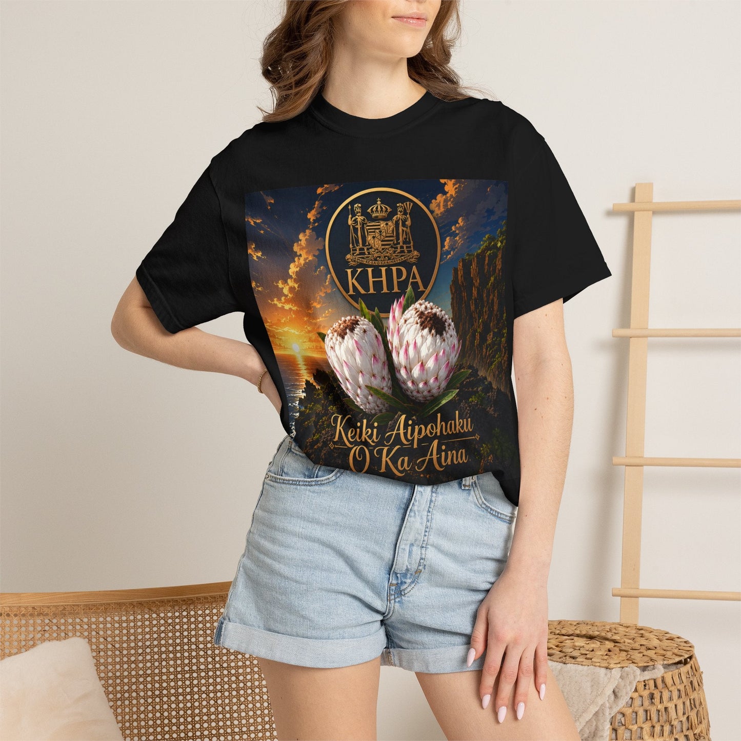 Keiki Aipohaku ʻO Ka ʻĀina T-Shirt — Hawaiian Sunset Protea Design Printify