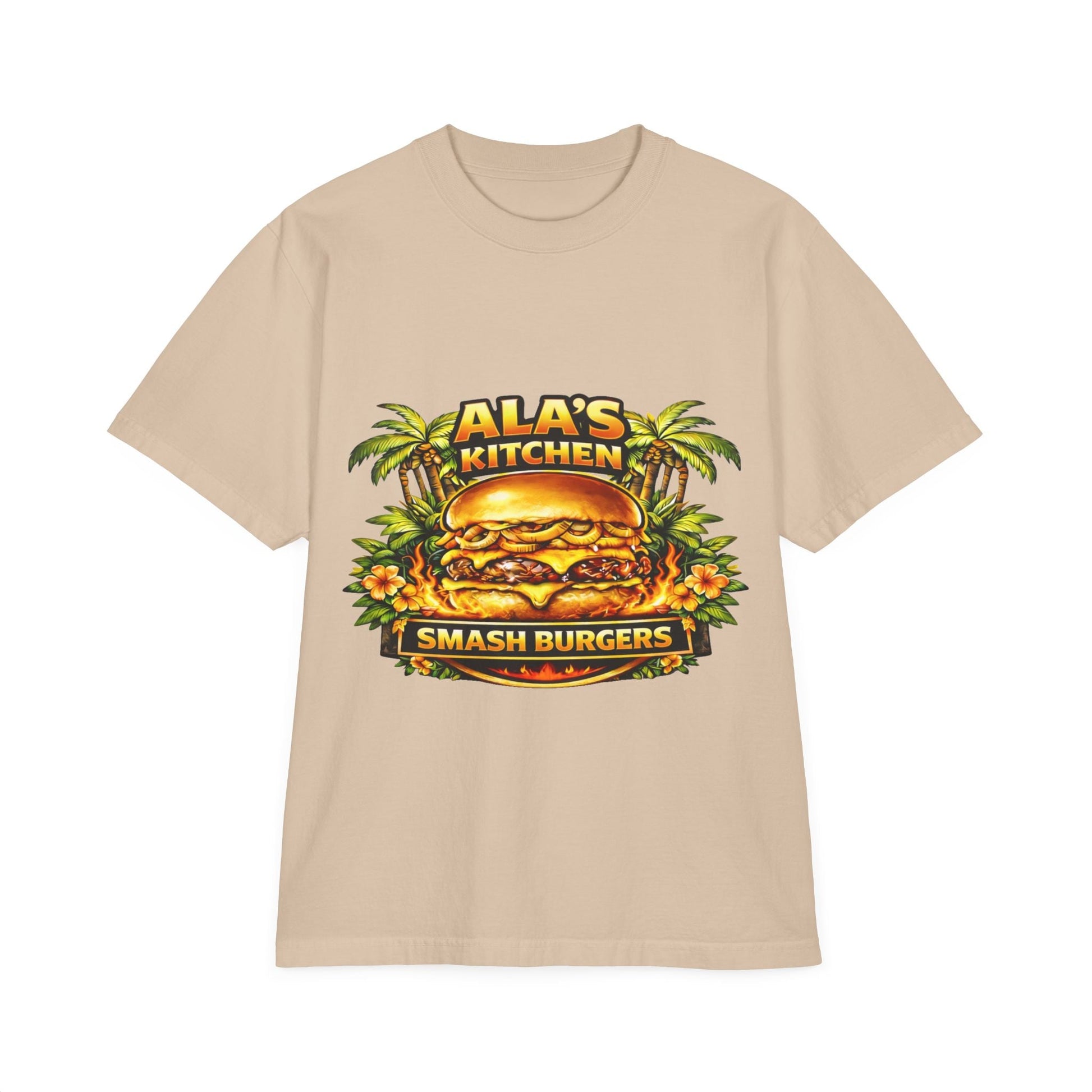 Ala's Kitchen Smash Burgers T-Shirt — Retro Tropical Burger Logo Tee Printify