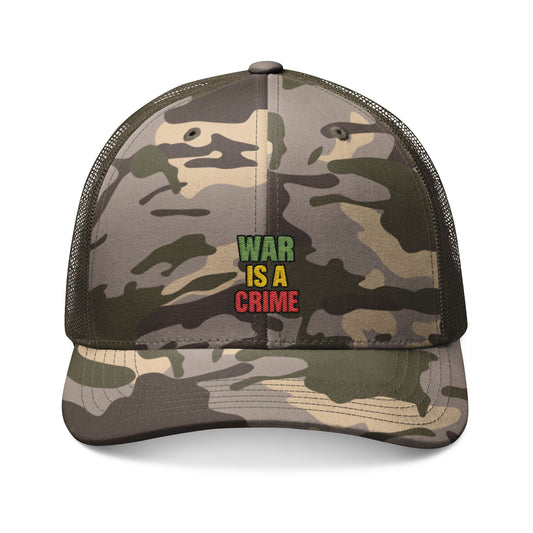 Camouflage Trucker Hat — Embroidered "War Is A Crime" Anti-War Statement Cap Printify