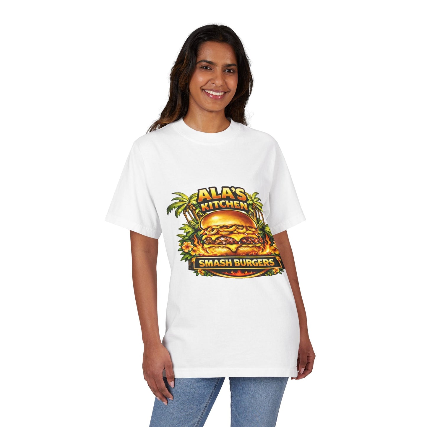 Ala's Kitchen Smash Burgers T-Shirt — Retro Tropical Burger Logo Tee Printify