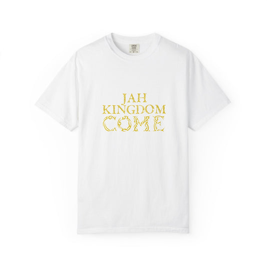 Jah Kingdom Come T‑Shirt — Gold Script Reggae Faith Tee Printify