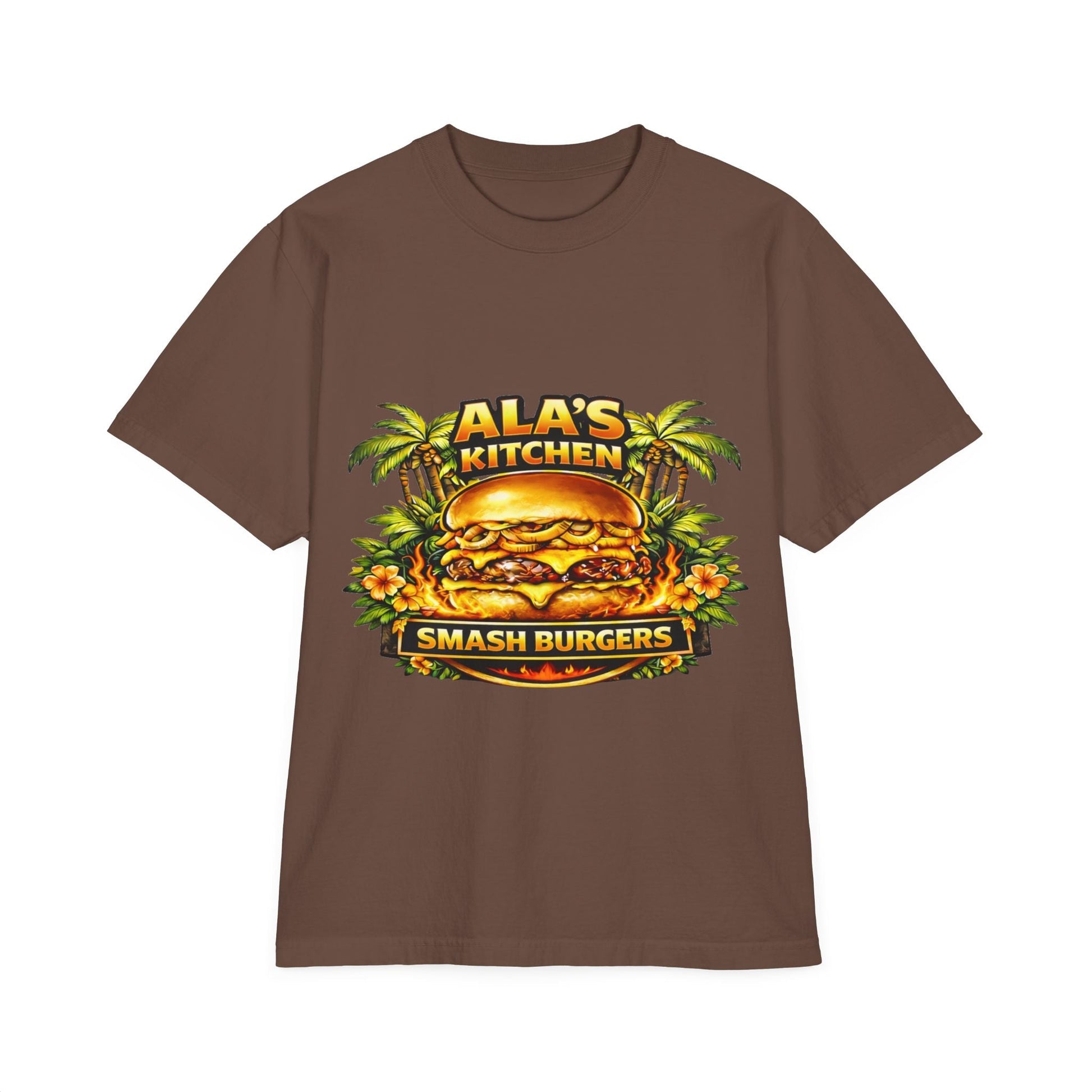 Ala's Kitchen Smash Burgers T-Shirt — Retro Tropical Burger Logo Tee Printify
