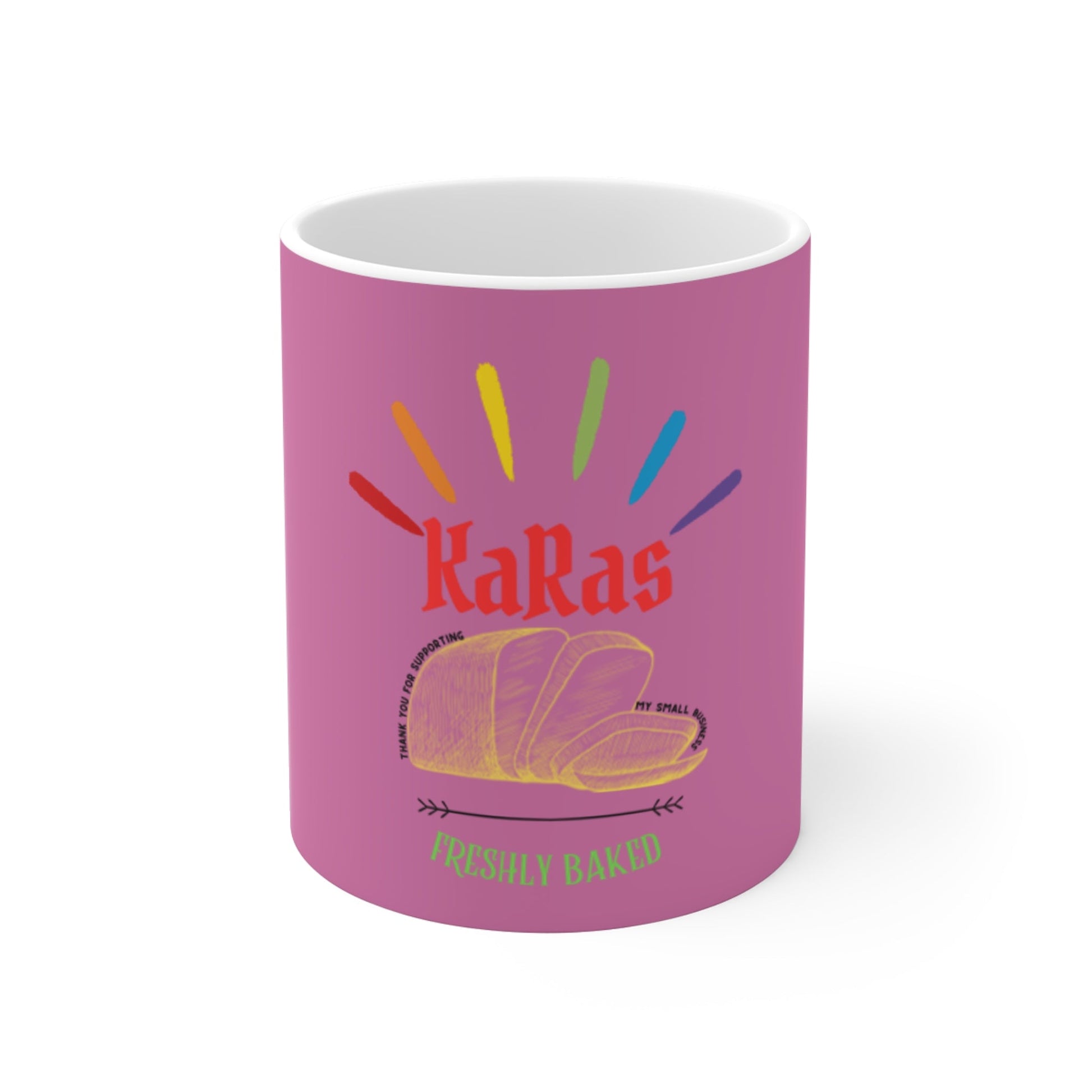 KaRas Bakery Bread Mug — 11oz Coffee Cup with Colorful Sunrise Pastry Design Printify