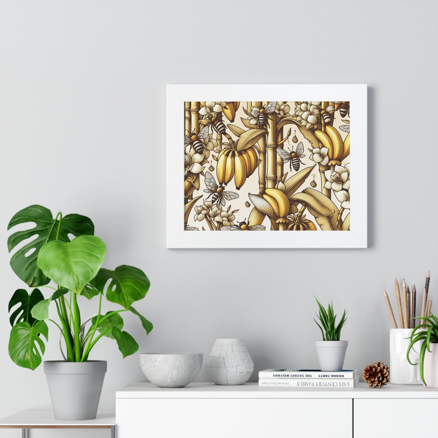 Framed Poster — Golden Banana & Bees Botanical Art Printify