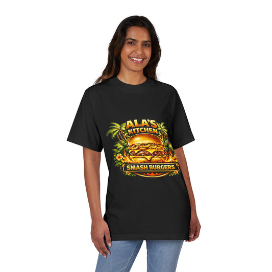 Ala's Kitchen Smash Burgers T-Shirt — Retro Tropical Burger Logo Tee Printify