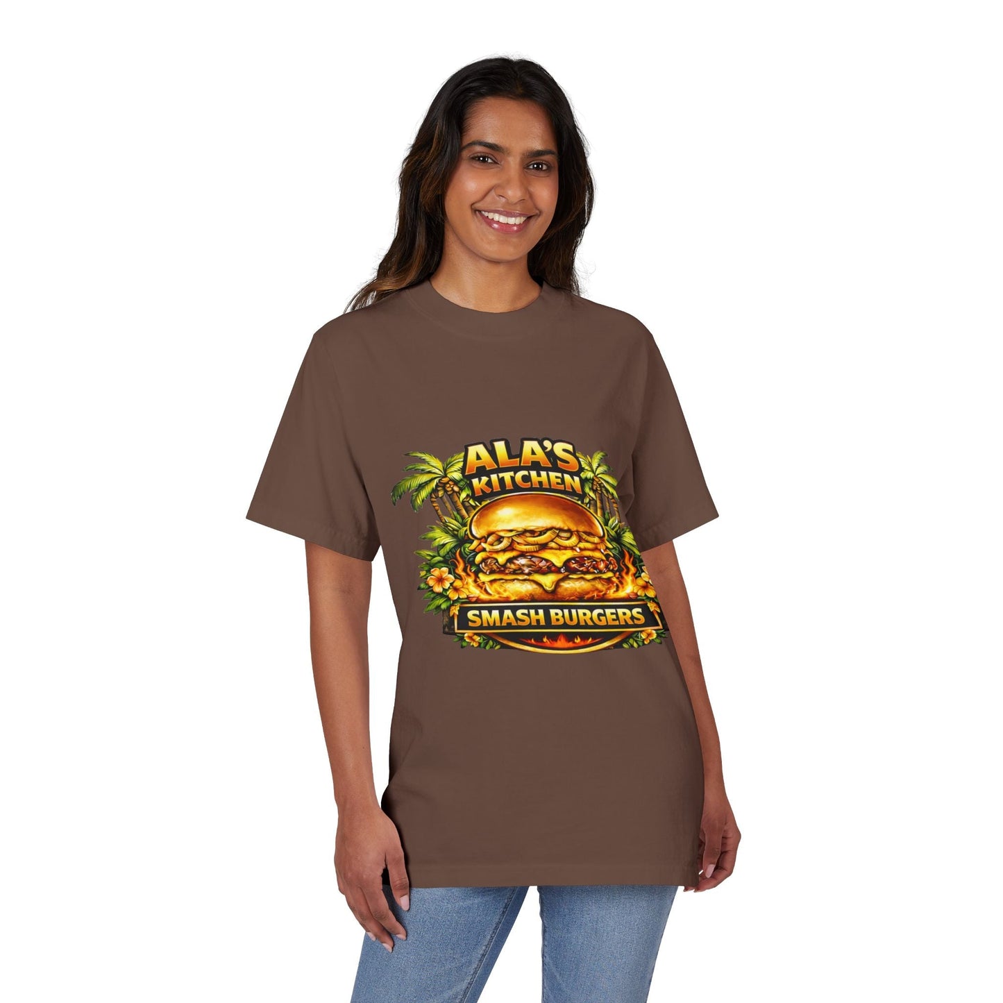 Ala's Kitchen Smash Burgers T-Shirt — Retro Tropical Burger Logo Tee Printify