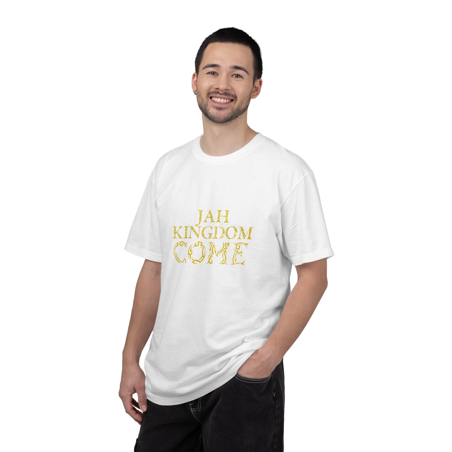 Jah Kingdom Come T‑Shirt — Gold Script Reggae Faith Tee Printify