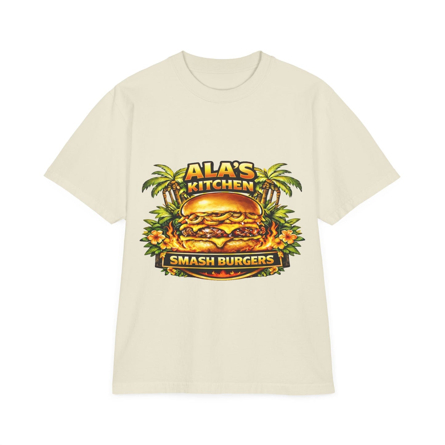 Ala's Kitchen Smash Burgers T-Shirt — Retro Tropical Burger Logo Tee Printify