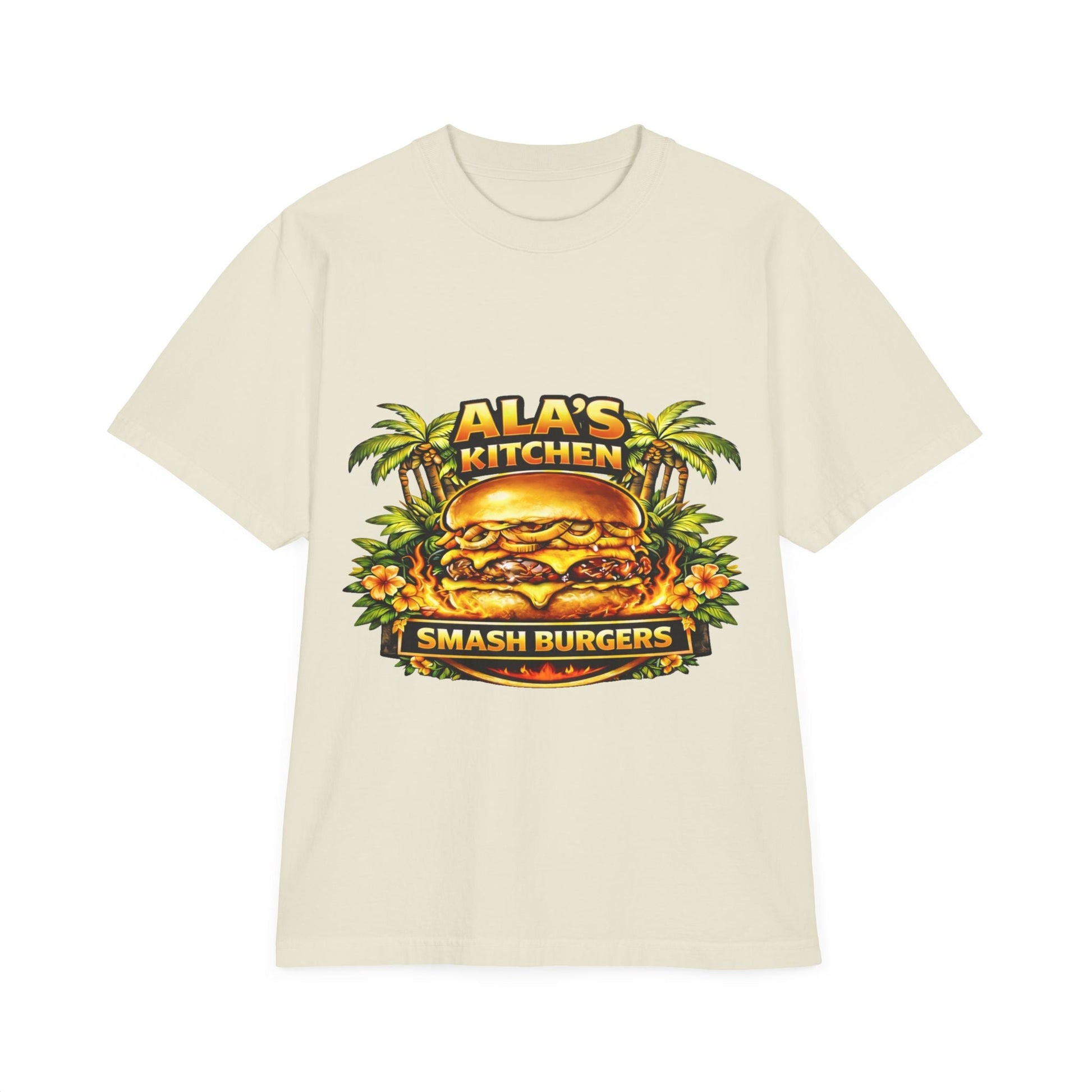 Ala's Kitchen Smash Burgers T-Shirt — Retro Tropical Burger Logo Tee Printify