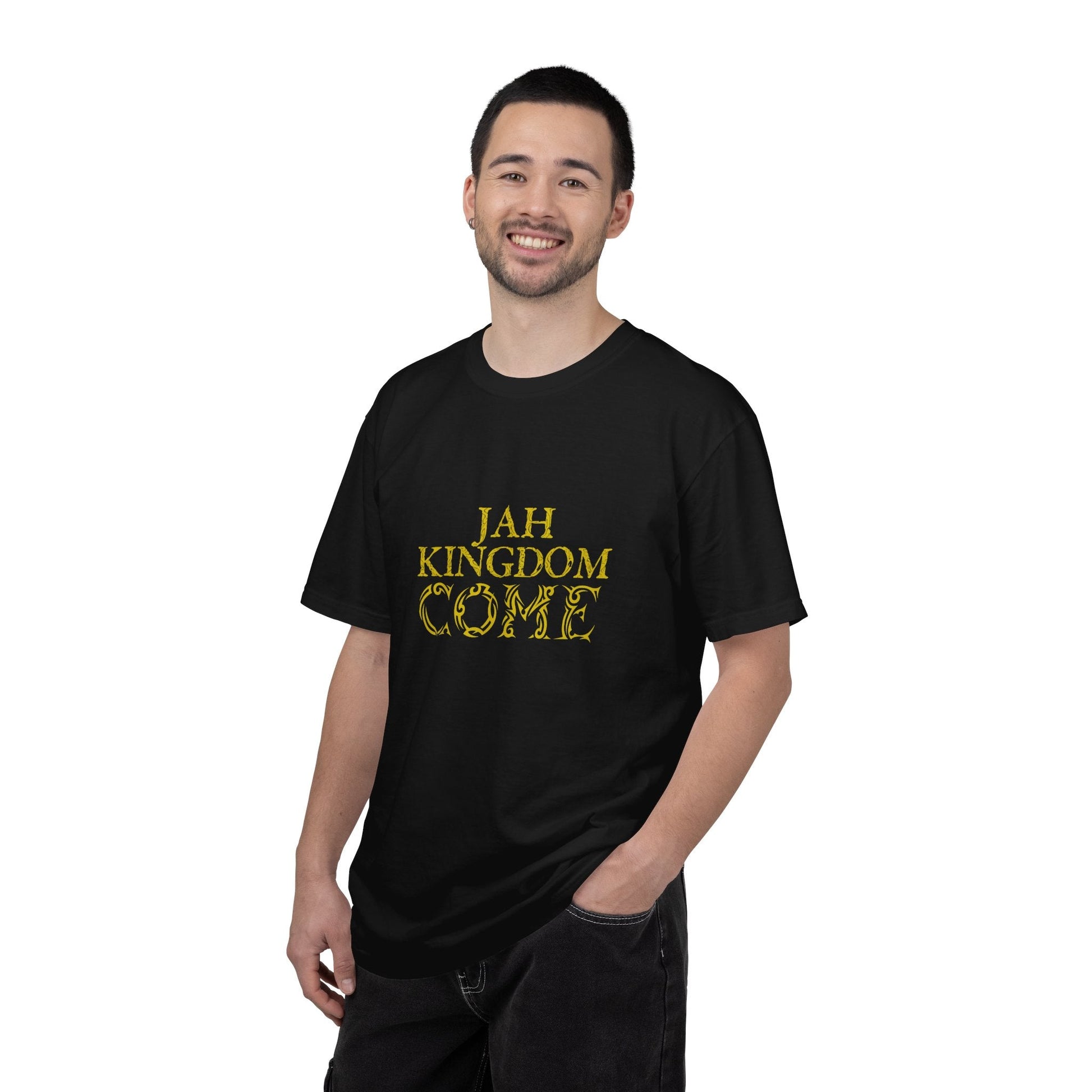 Jah Kingdom Come T‑Shirt — Gold Script Reggae Faith Tee Printify