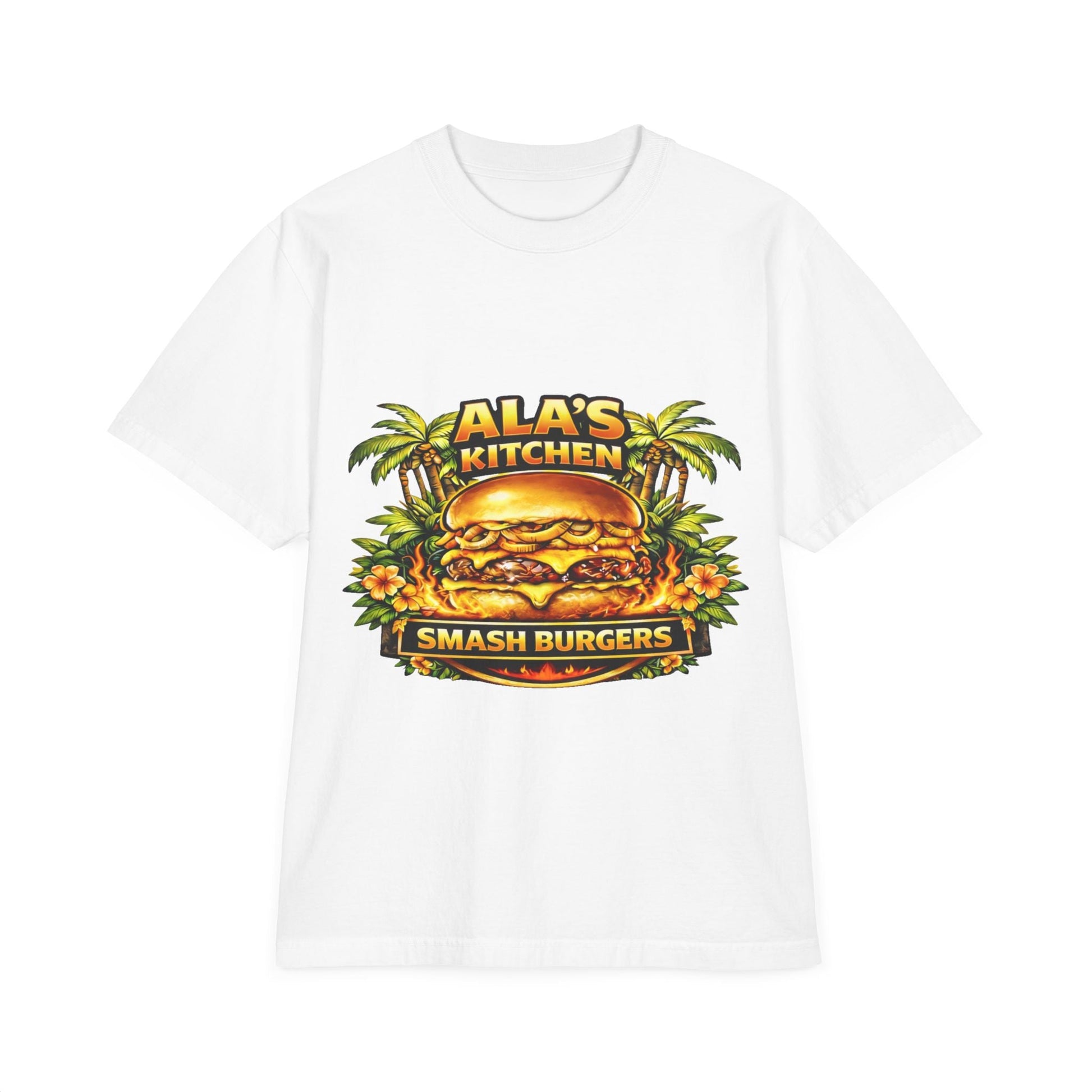 Ala's Kitchen Smash Burgers T-Shirt — Retro Tropical Burger Logo Tee Printify