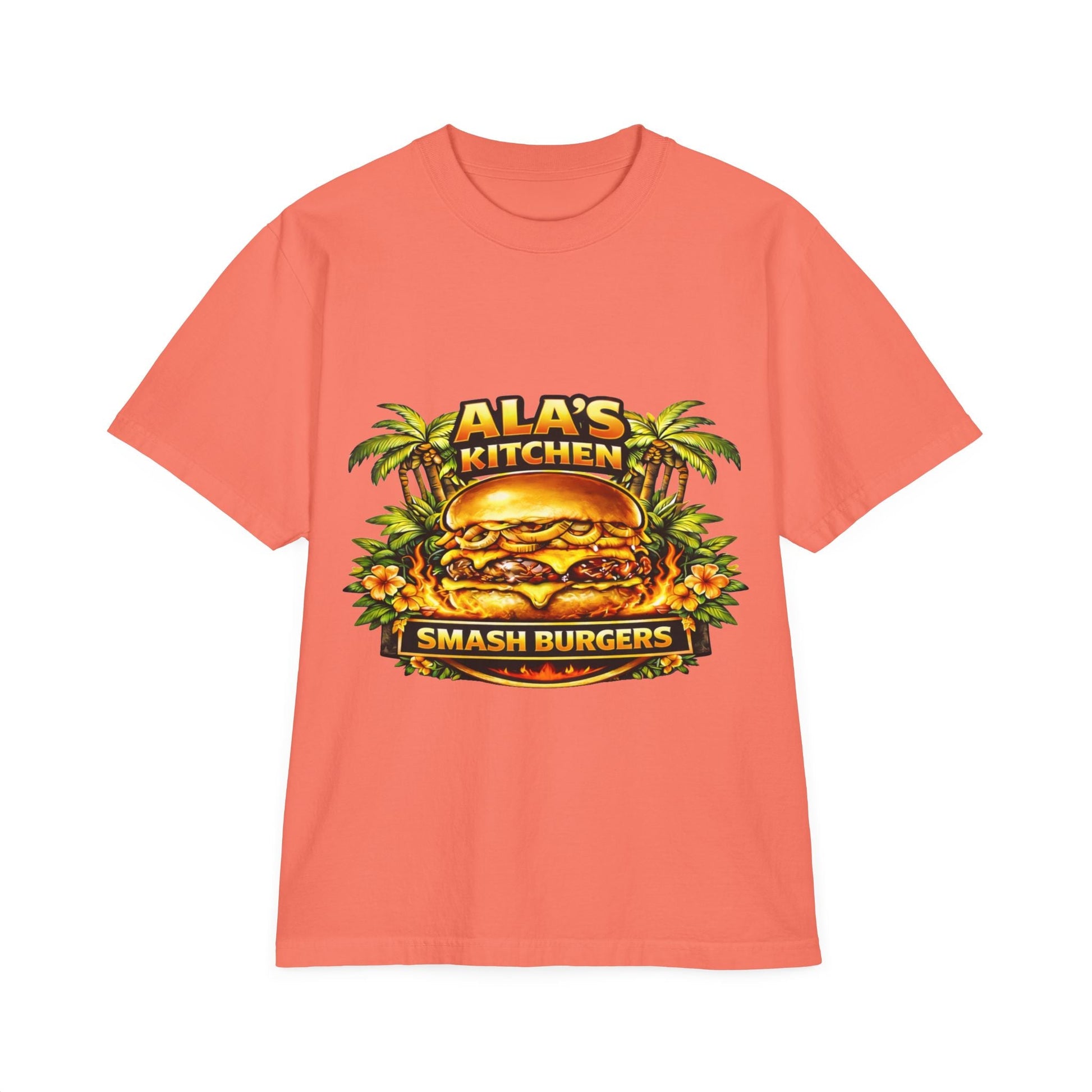 Ala's Kitchen Smash Burgers T-Shirt — Retro Tropical Burger Logo Tee Printify