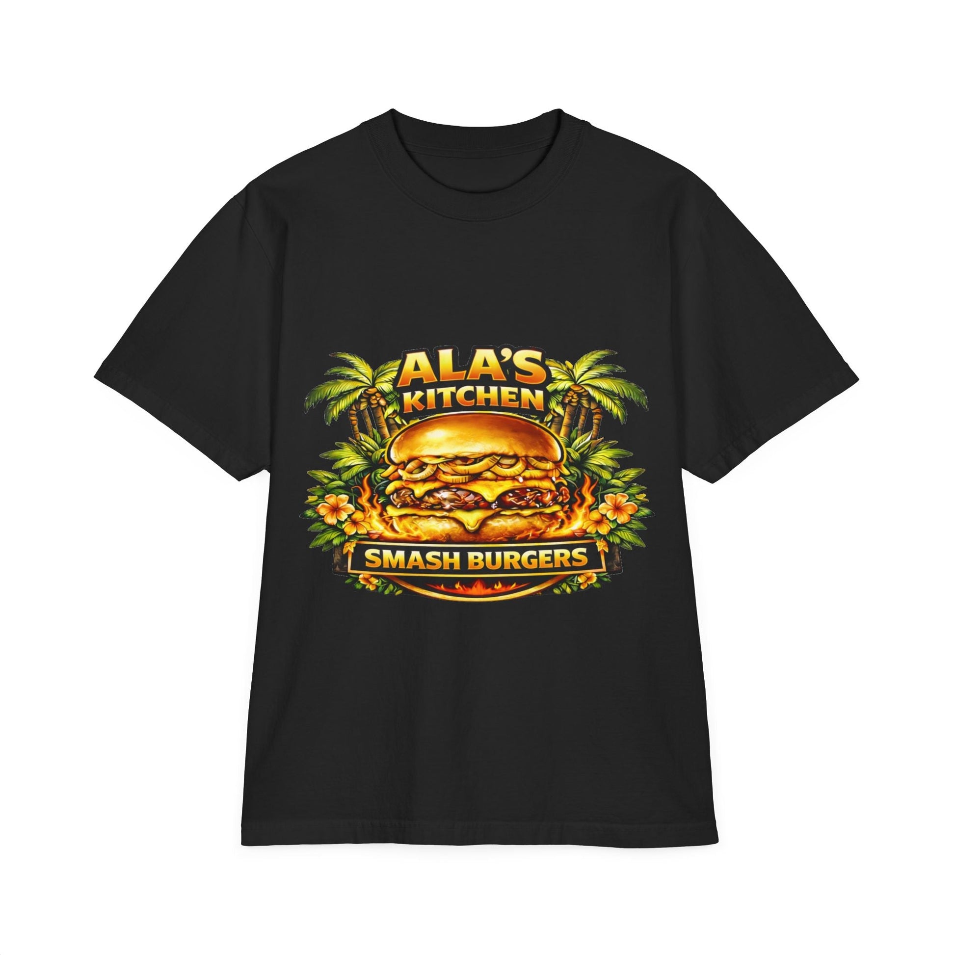 Ala's Kitchen Smash Burgers T-Shirt — Retro Tropical Burger Logo Tee Printify