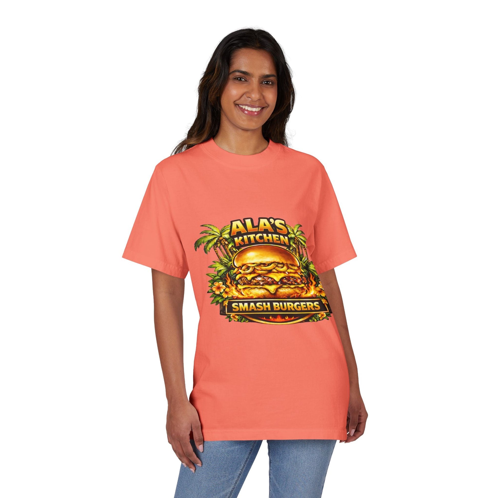 Ala's Kitchen Smash Burgers T-Shirt — Retro Tropical Burger Logo Tee Printify
