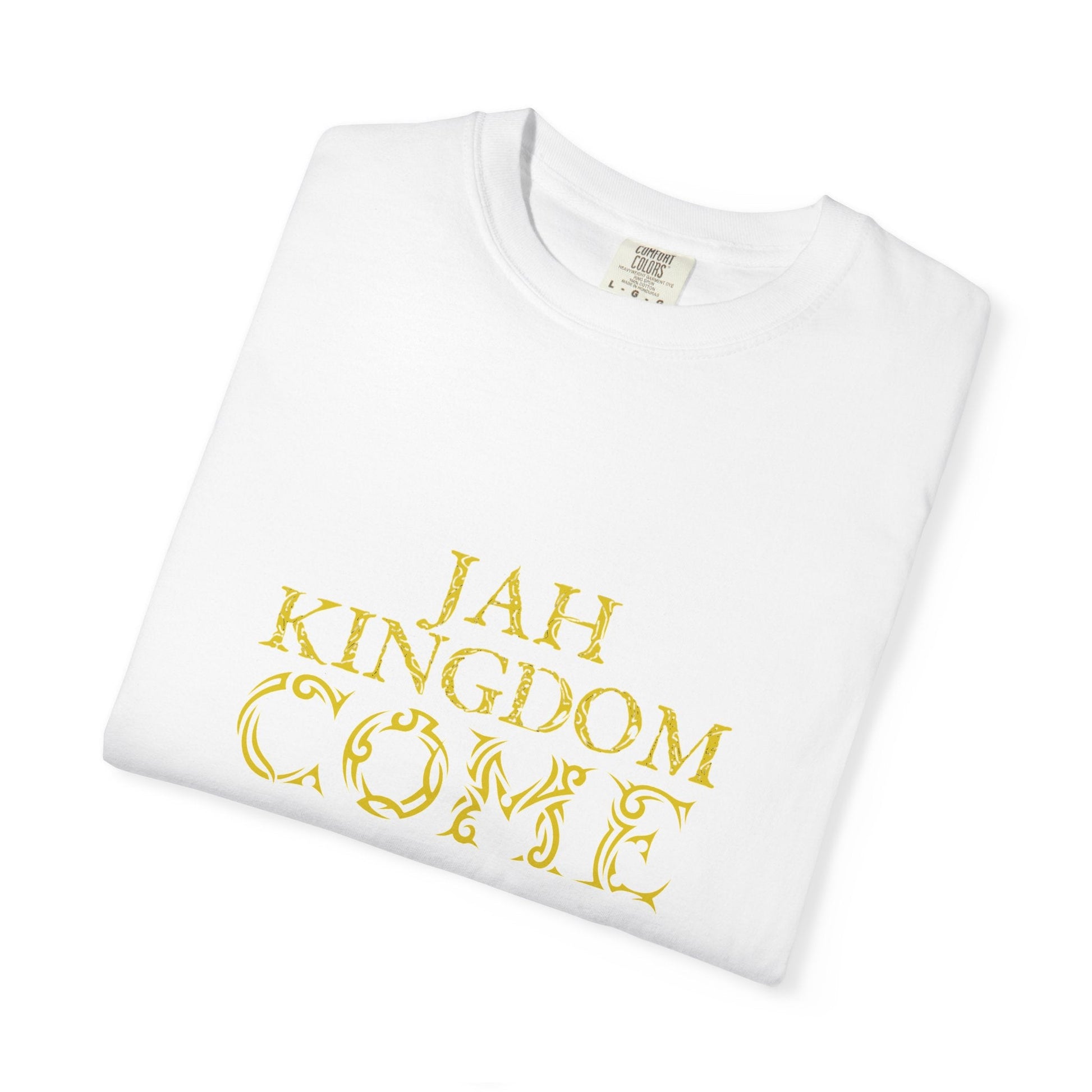 Jah Kingdom Come T‑Shirt — Gold Script Reggae Faith Tee Printify