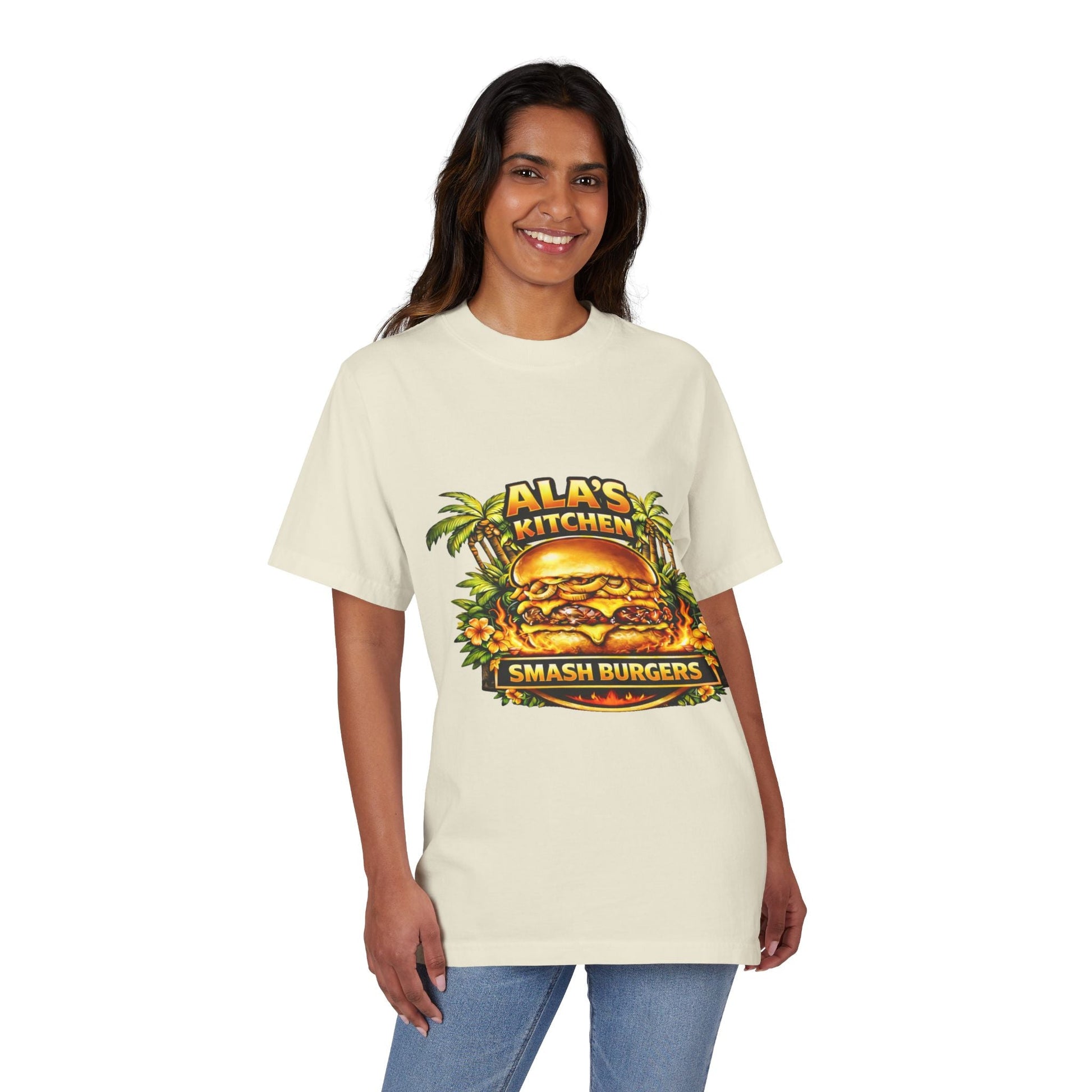 Ala's Kitchen Smash Burgers T-Shirt — Retro Tropical Burger Logo Tee Printify